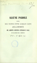Alcune parole dette dal signor conte Aurelio Saffi alla società del gabinetto scientifico-letterario in Forlì